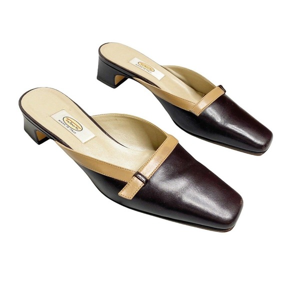 Talbots Womens Italian Leather Slides Mule Block Heels Sz 6.5 Brown - Picture 1 of 5